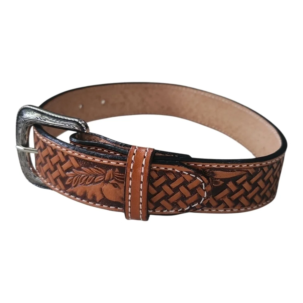 Tooled Leather Western Belt Made in Mexico | Size 18 | Basket Weave Design